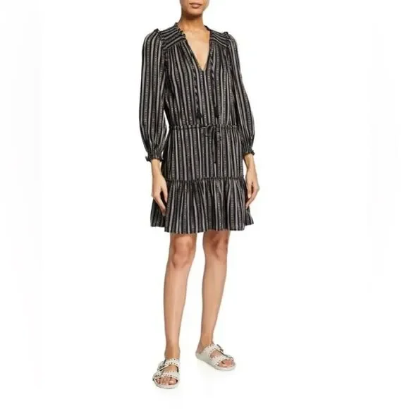 Paige Kaylynn Mini Black Multi Dress Striped Pleated V-Neck Blouse Size S - Picture 3 of 12